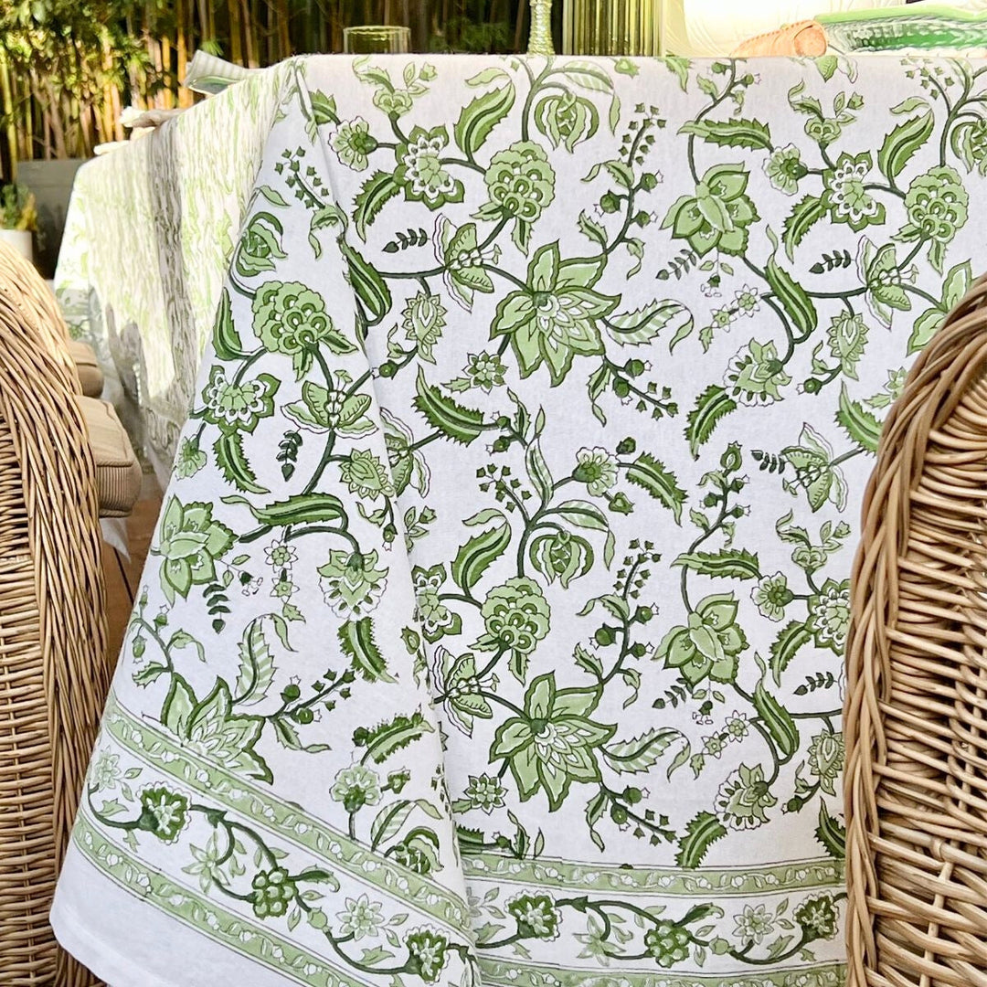 Green chintz blockprinted cotton tablecloth