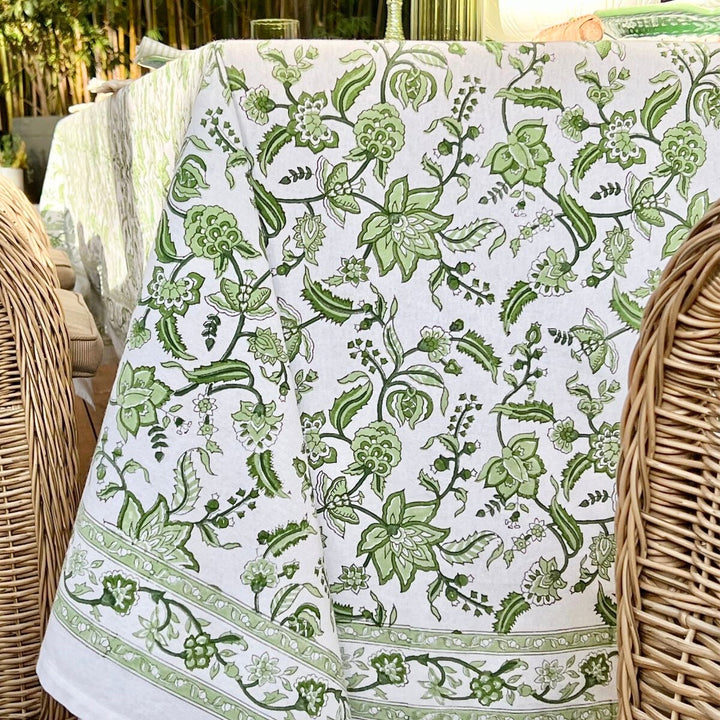 Green chintz blockprinted cotton tablecloth