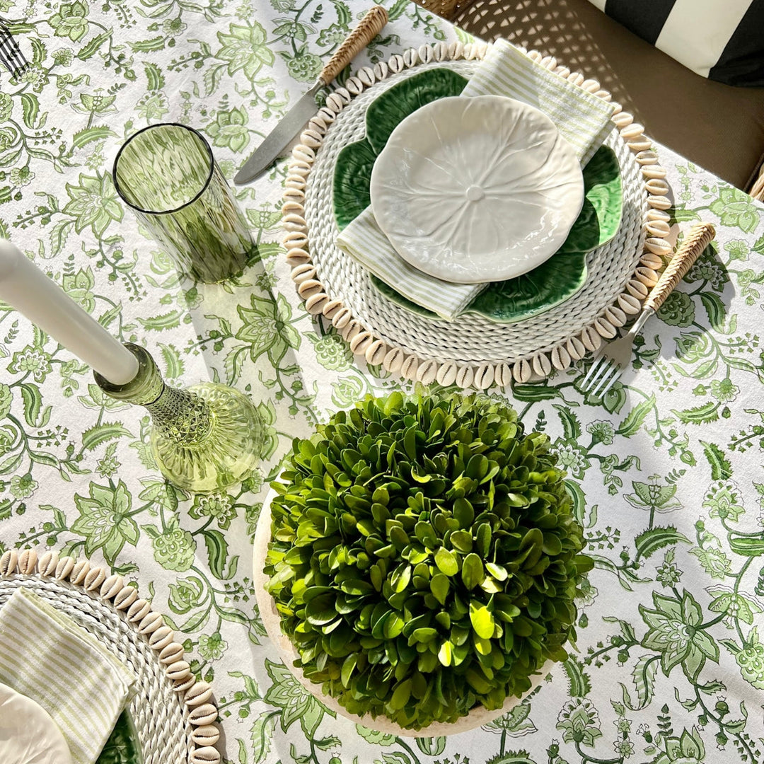 Green chintz cotton blockprinted table linen details
