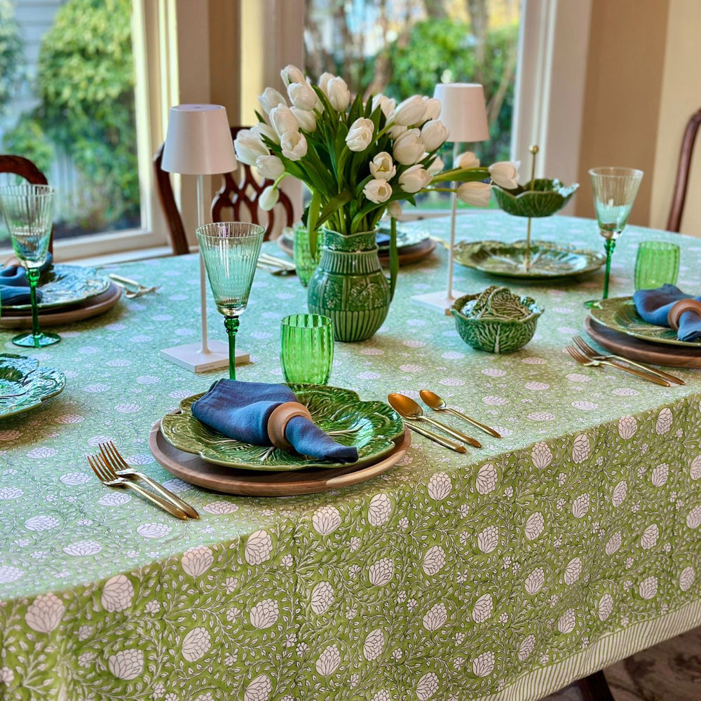 Hand block printed green floral pattern Christmas large rectangle tablecloth