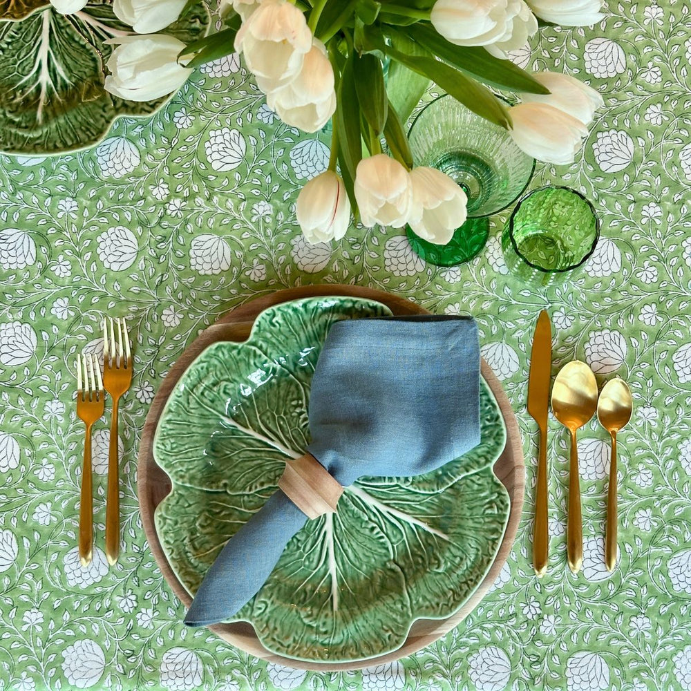 Hand block printed green floral square table linen
