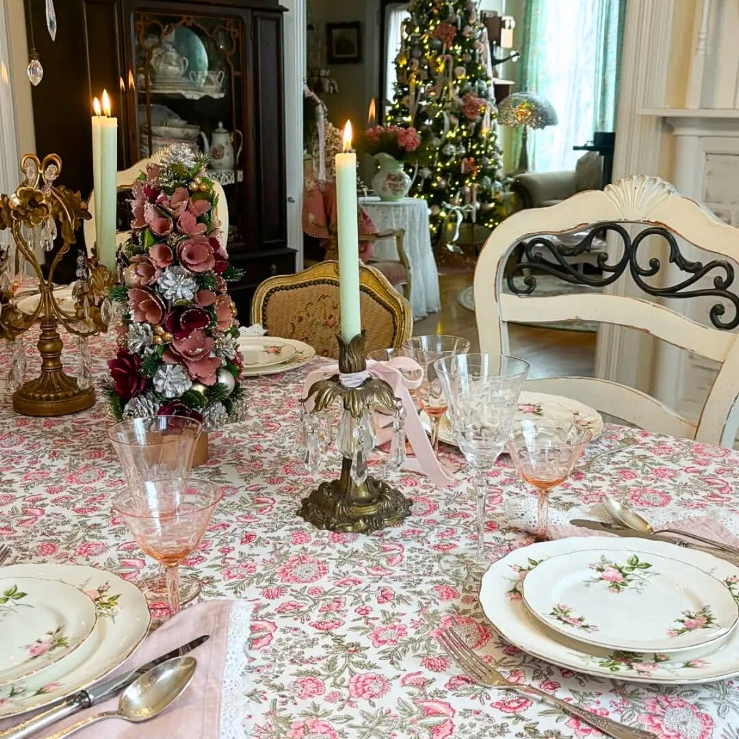 Beatrice pink and green square tablecloth