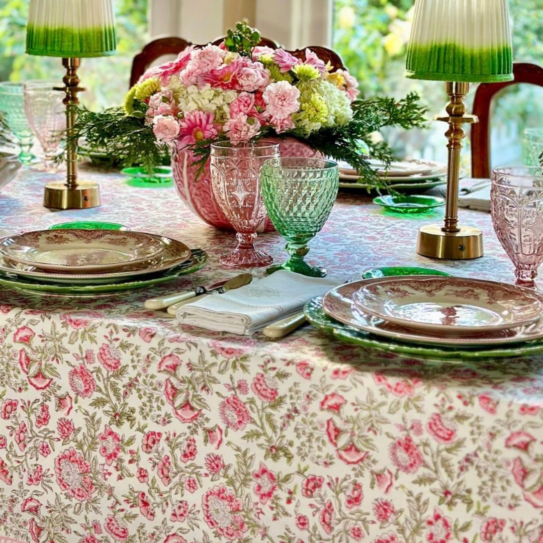 Detail shot of Large rectangular cotton tablecloth featuring hand block printed Pink and green floral country style pattern