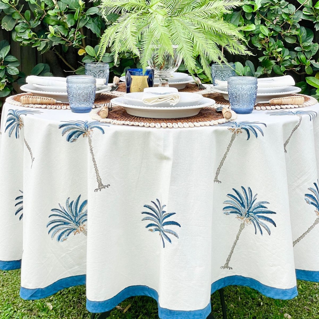 Handblock printed Blue Palm round Tropical Tablecloth