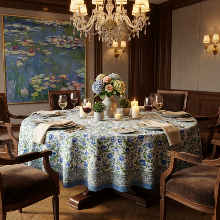 Blue and green hand block printed floral tablecloth draped on a dining table with white lily centrepiece, wine glasses and gold cutlery for an elegant formal dinner