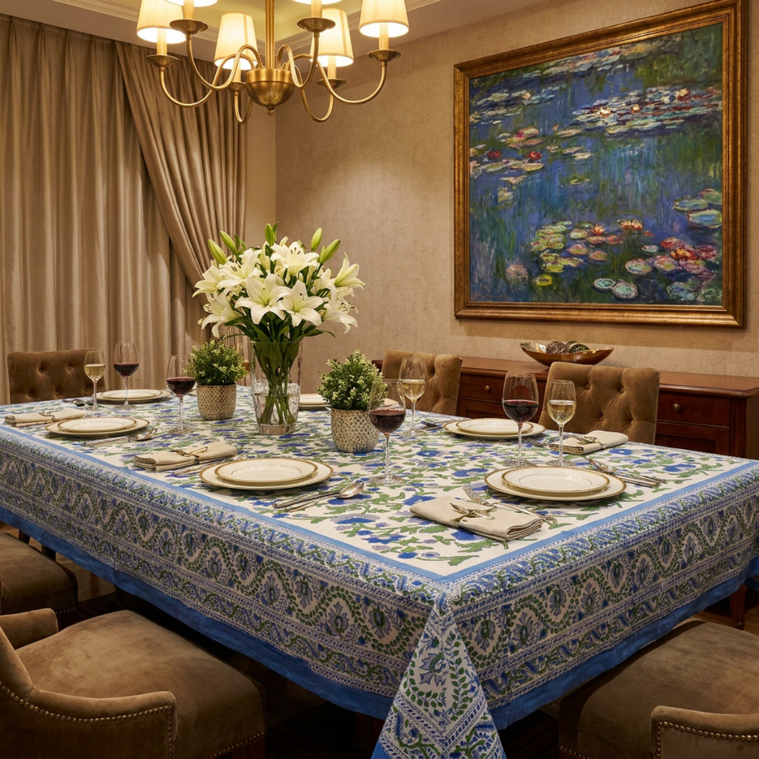 Blue and green hand block printed floral tablecloth dressed for a casual gathering with white floral centrepiece, wine glasses and gold accented dinnerware under a chandelier