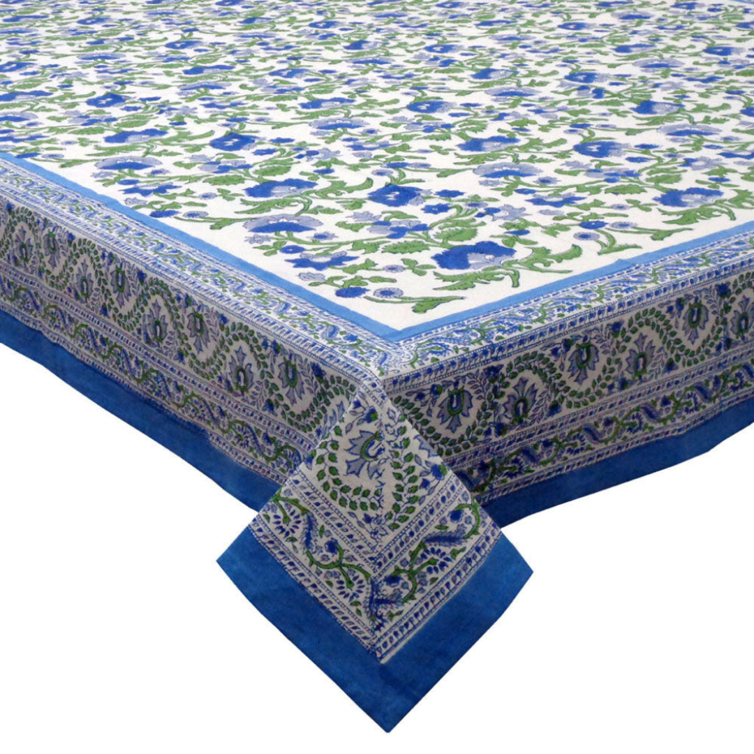 Blue and green hand block printed floral cotton rectangular tablecloth closeup

