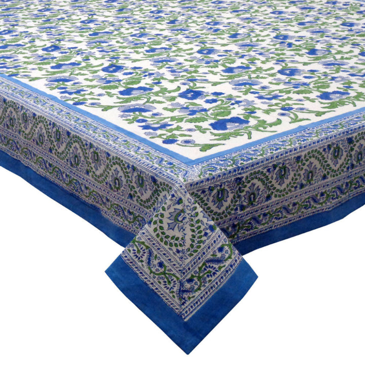 Blue and green hand block printed floral cotton rectangular tablecloth closeup
