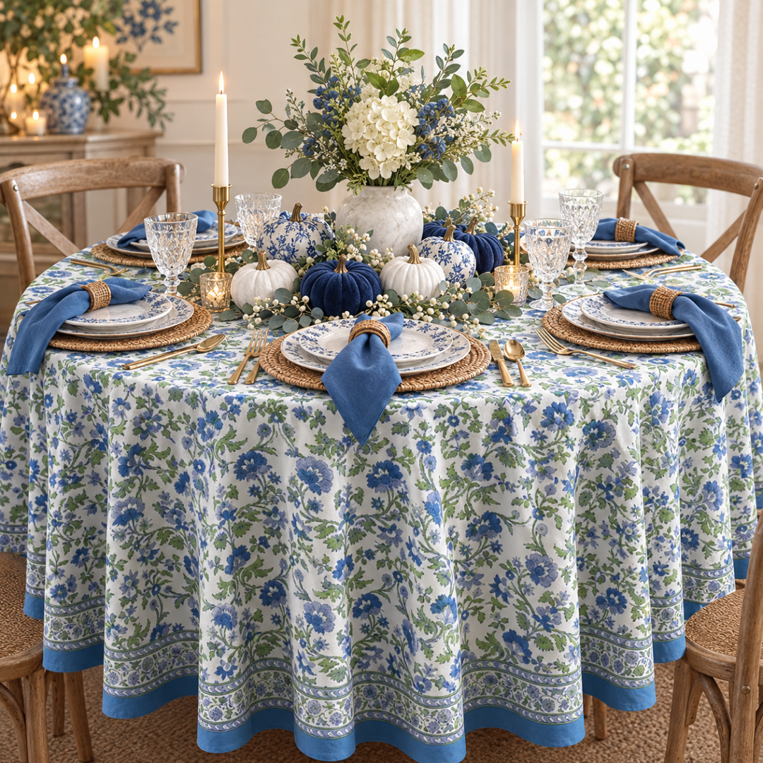 Blue green round tablecloth featuring a blue green floral pattern hand block printed on premium cotton set for a thanksgiving family dinner.