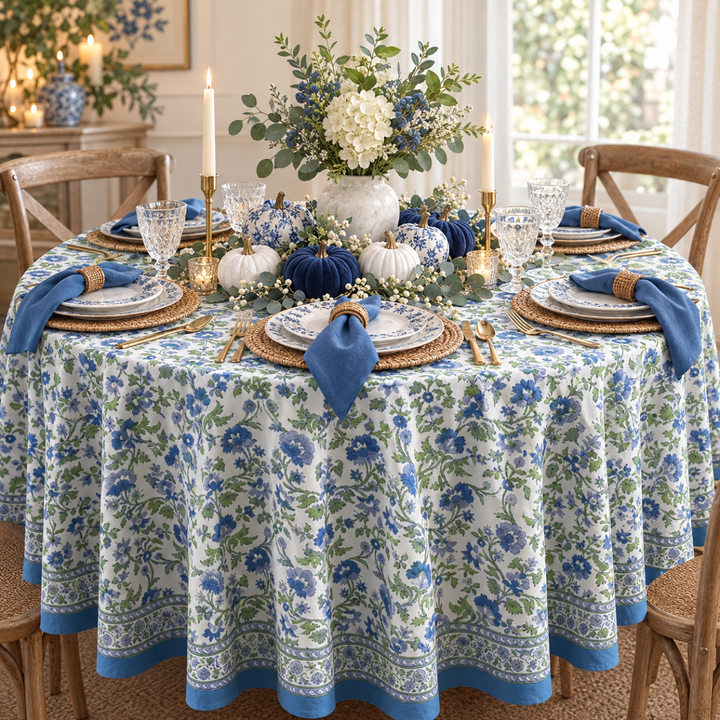 Blue green round tablecloth featuring a blue green floral pattern hand block printed on premium cotton set for a thanksgiving family dinner.