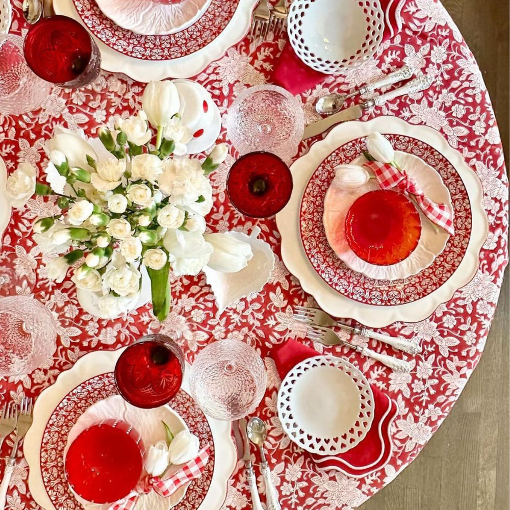 christmas round tablecloth of 60, 70, 90 inches featuring a Hand block printed red floral pattern