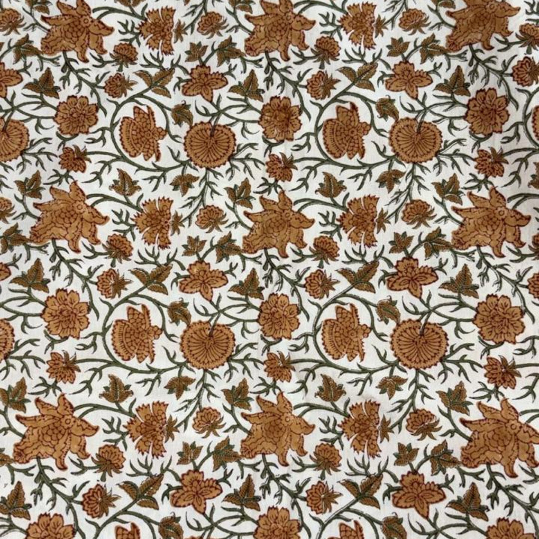 Floral Patterned fall tablecloth with orange green floral design on a white premium cotton base