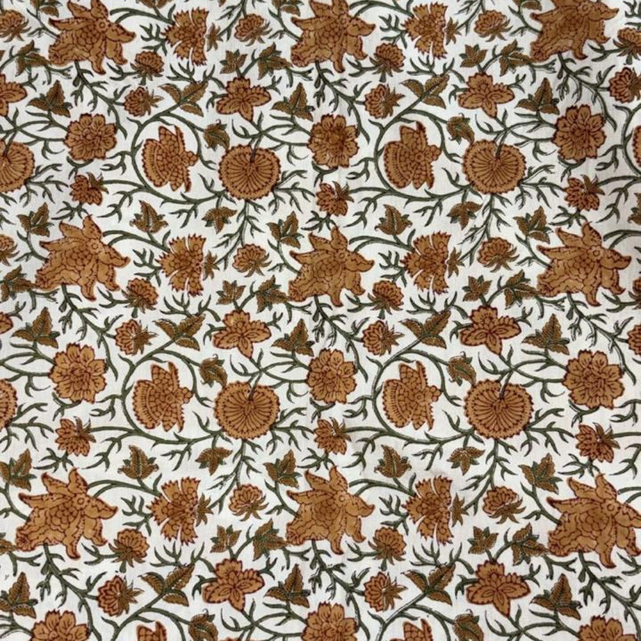 Floral Patterned fall tablecloth with orange green floral design on a white premium cotton base