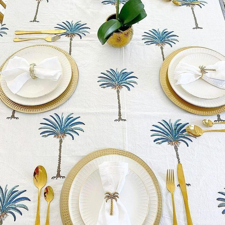 Blue Palm motif Coastal Decor Hand block printed tablecloth