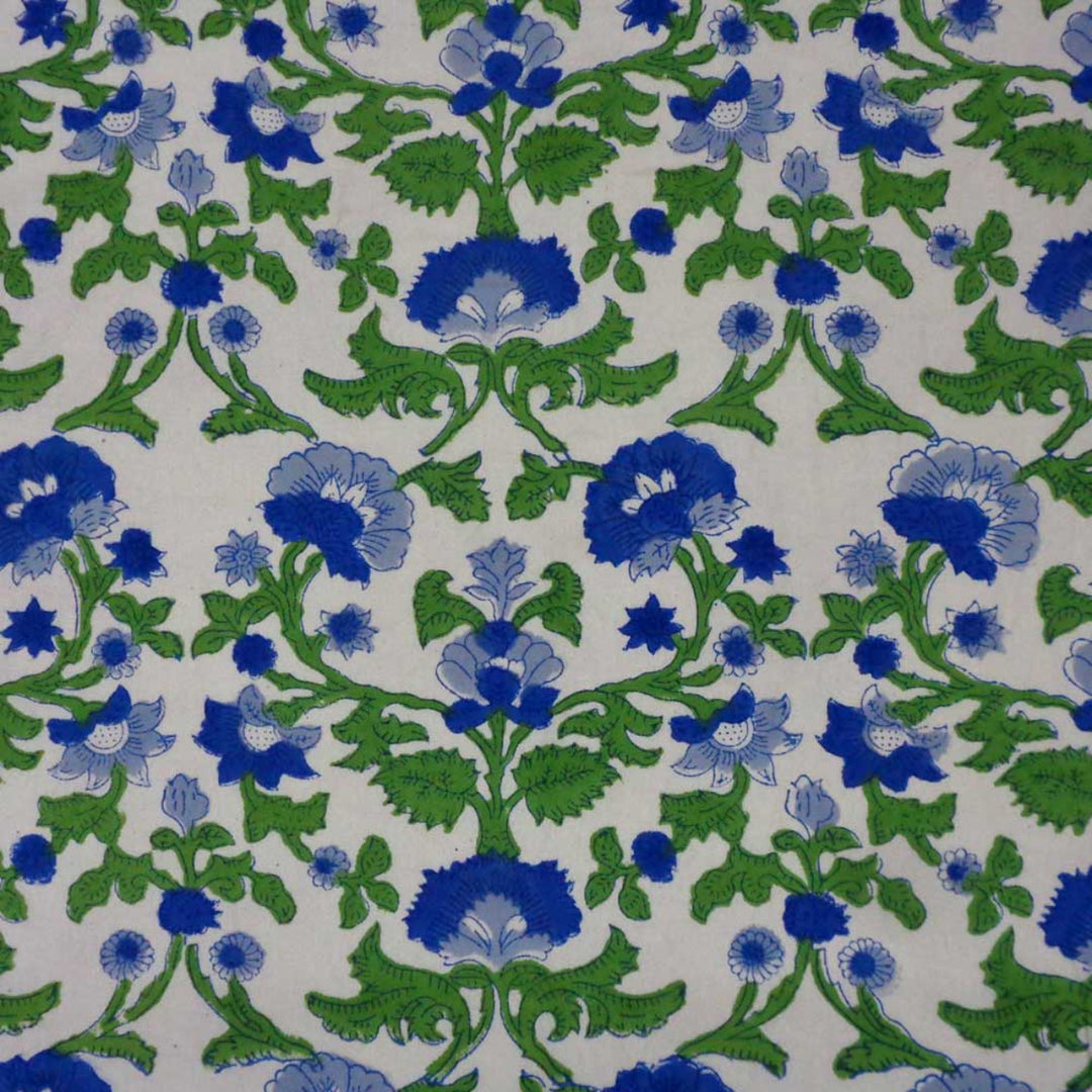closeup of block printed round tablecloth featuring a blue and green floral design on premium cotton fabric