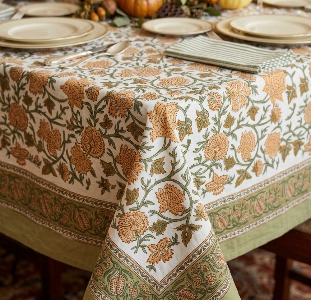 Close-up corner view showing the green geometric border and floral block print of a rectangular tablecloth