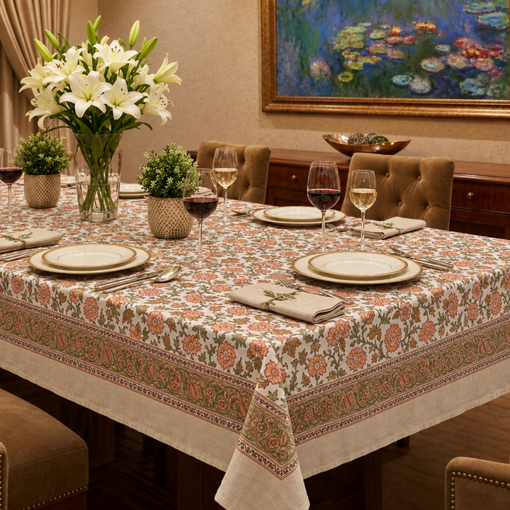 Orange green floral block printed tablecloth set for cozy casual dining with white dinnerware, wine glasses and vase