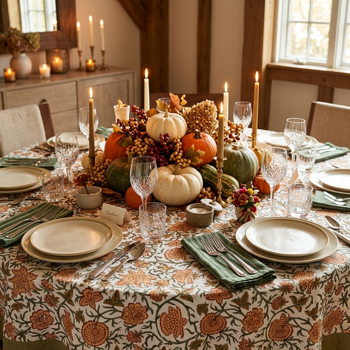 Close-up view of the draped edge and green solid border on a round floral tablecloth for fall gatherings