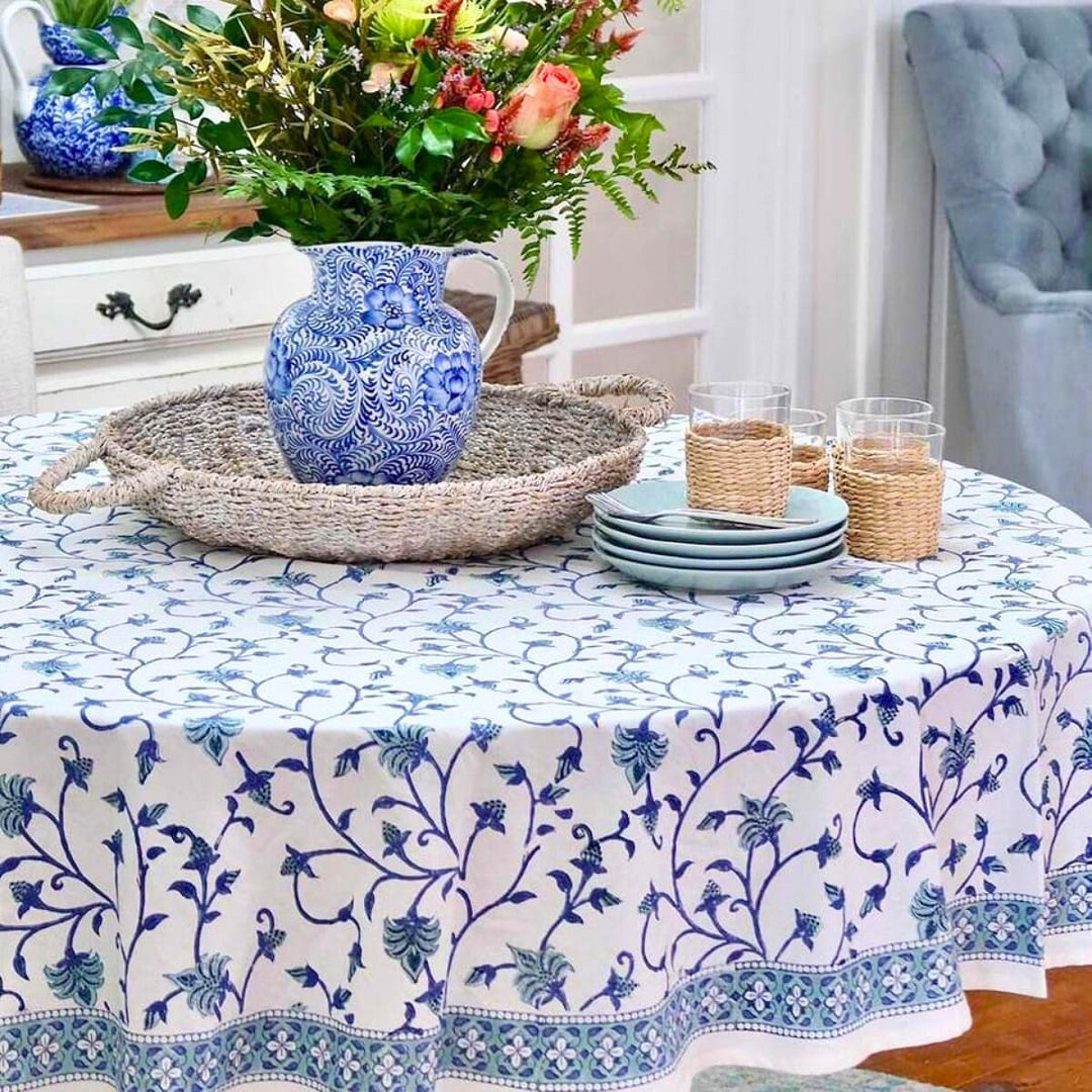 Green Blue ivy Round block printed tablecloth