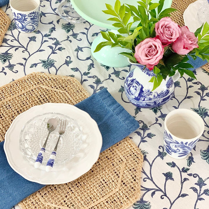 Solid blue napking green ivy tablecloth