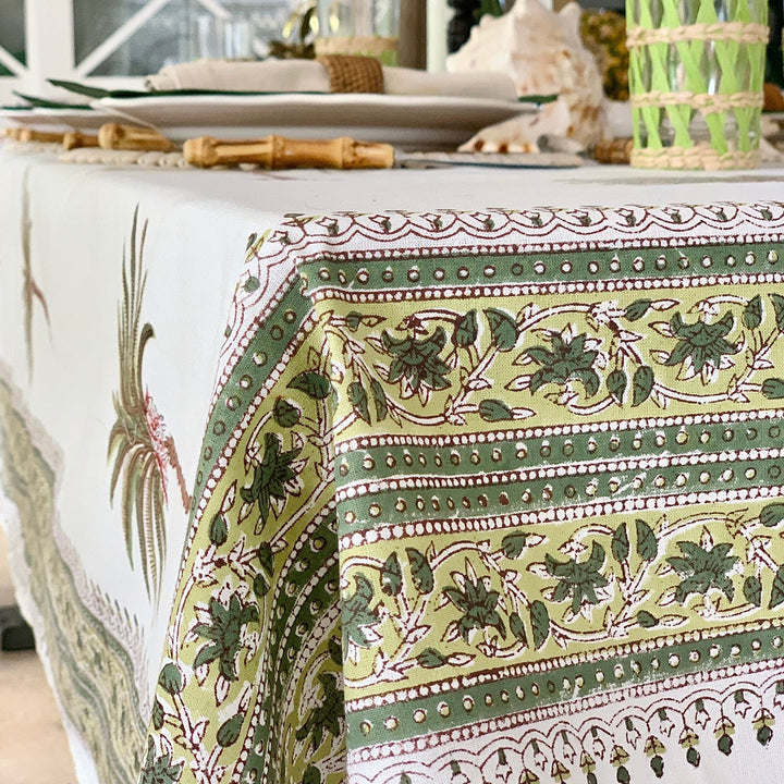 Hand block printed Green palm tablecloth border details