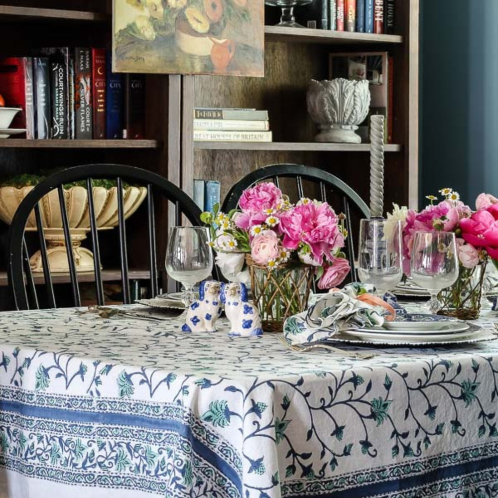 Large rectangular cotton tablecloth featuring hand block printed blue and green floral country style pattern for special gatherings
