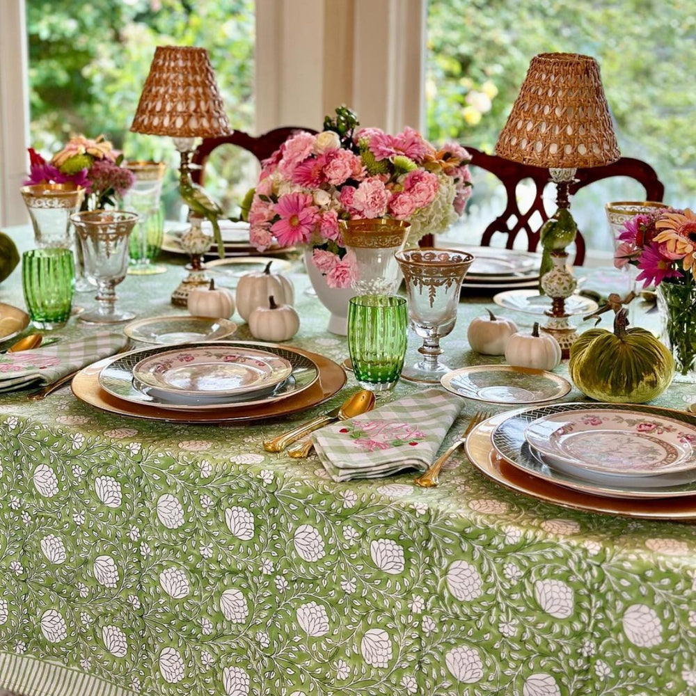 Large rectangular cotton tablecloth featuring hand block printed green and white floral country style pattern in Thanksgiving Table setting