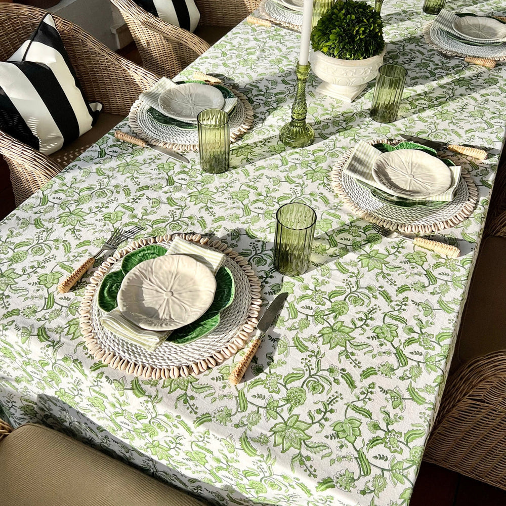 Monochrome green and white Indian chintz pattern square table linen printed on pure cotton