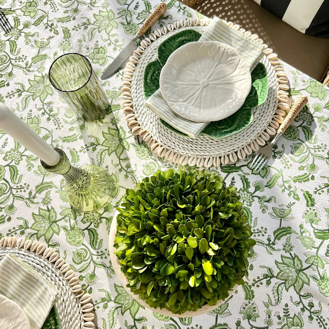    Green chintz cotton blockprinted table linen details