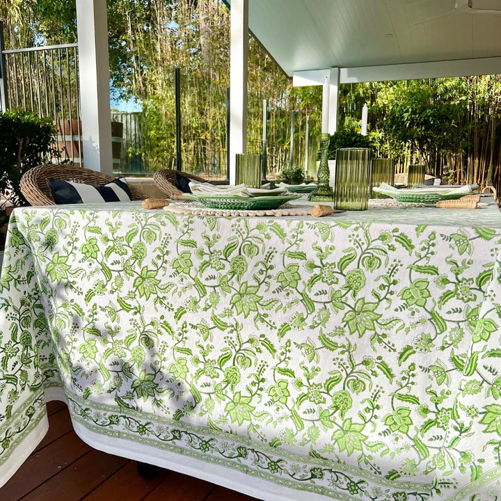 Green chintz hand block printed rectangle cotton tablecloth