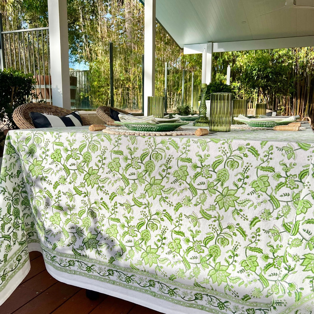 Green chintz hand block printed square cotton tablecloth