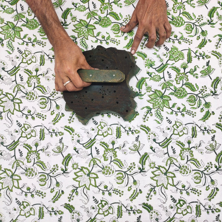 Hand Block printing of gree nchintz tablecloth