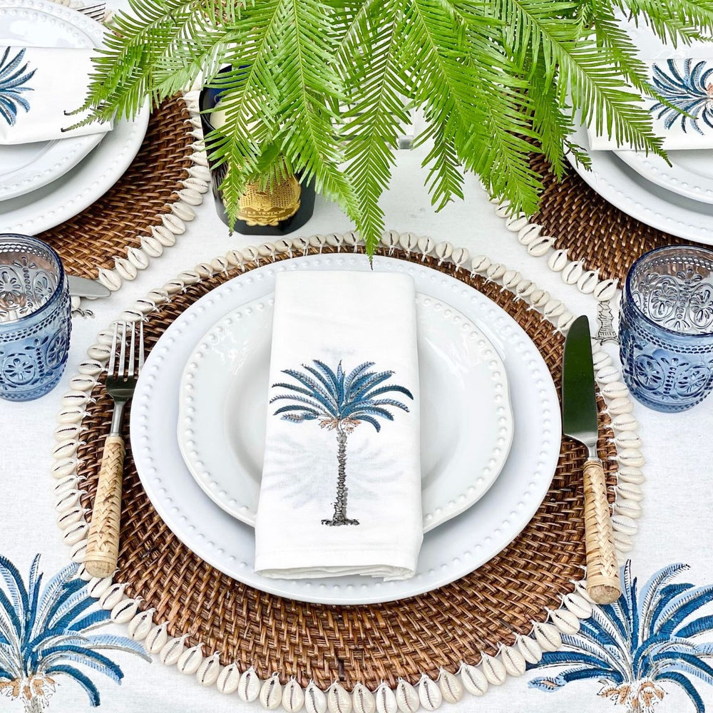 Close up of Blue Palm Block printed Hampton decor Tablecloth