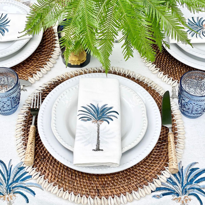 Close up of Blue Palm Blockprinted Hampton decor Tablecloth