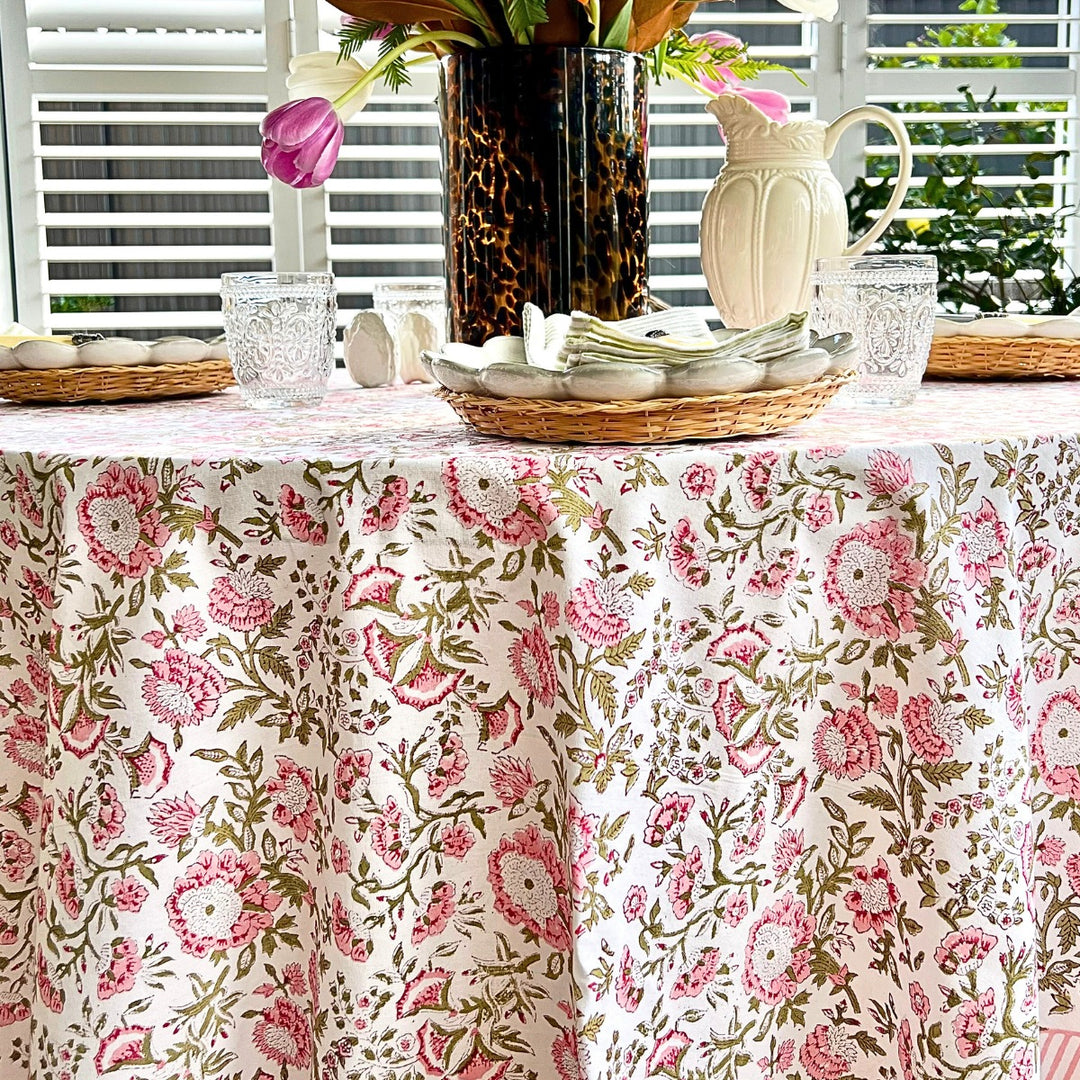 Beatrice pink and green round tablecloth