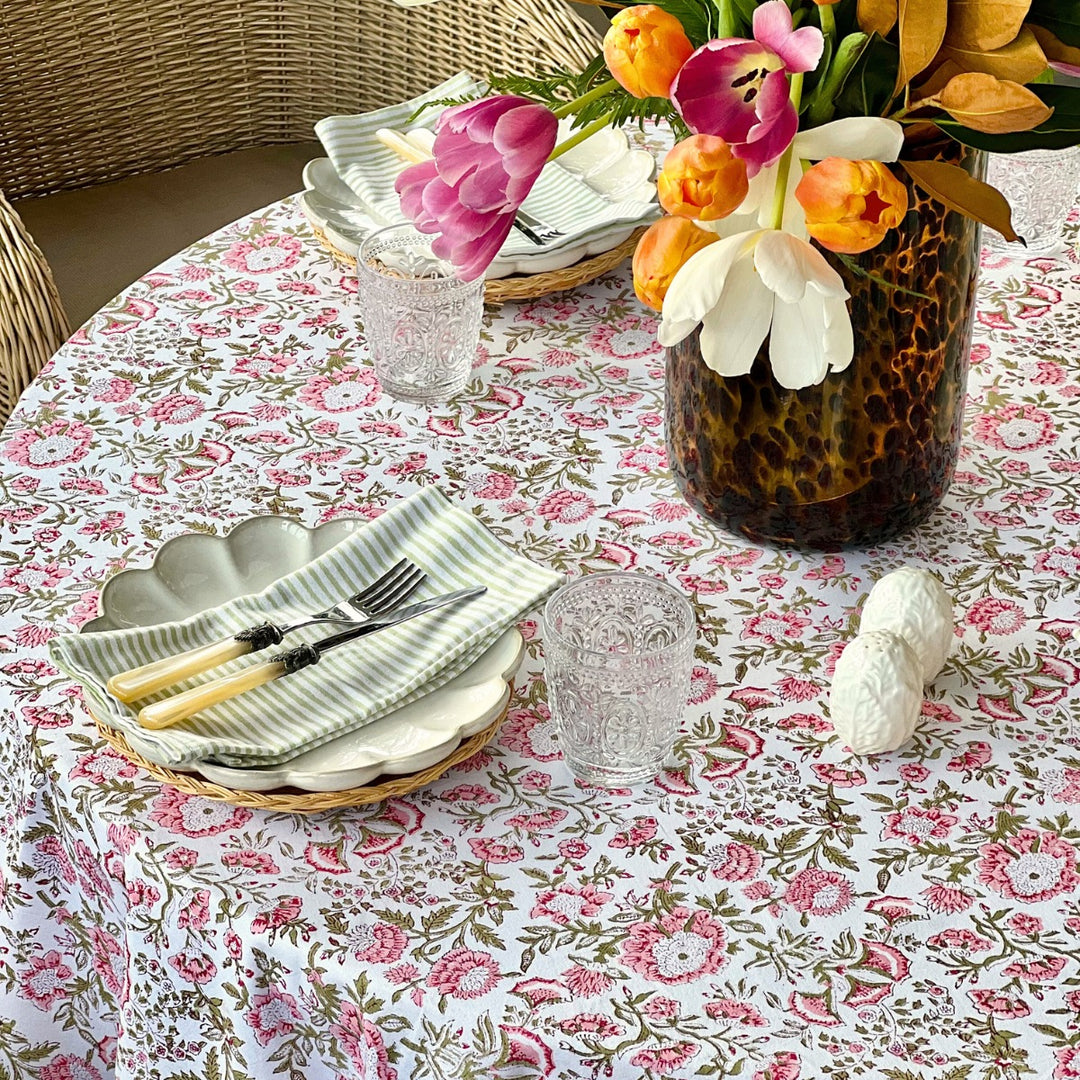 Beatrice pink and green round tablecloth