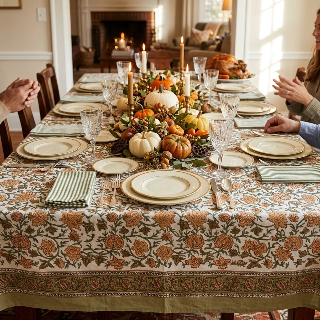 Orange and green floral block print rectangular tablecloth styled for a Thanksgiving dining setup