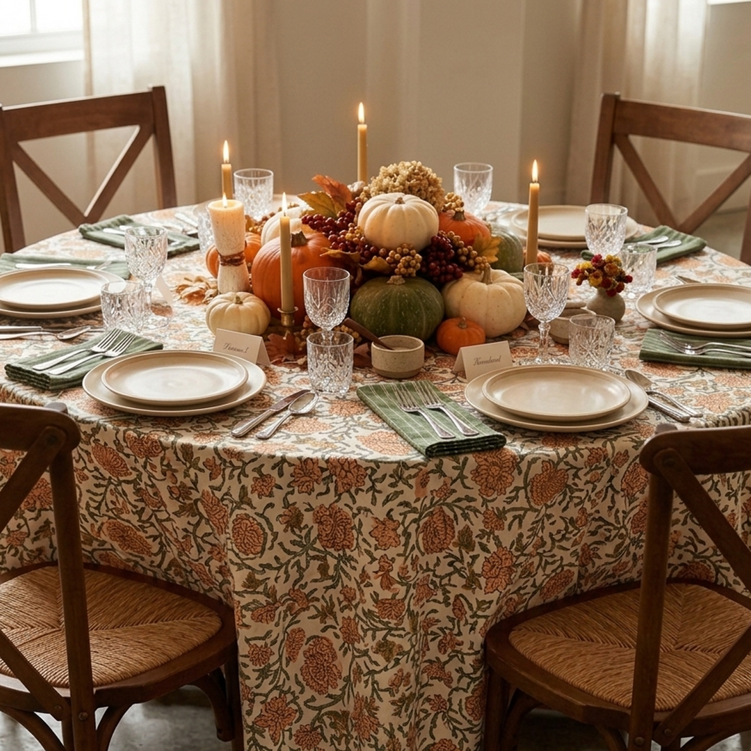Round dining table set with an orange and green floral block print tablecloth and autumn centerpiece for a cosy thanksgiving dinner
