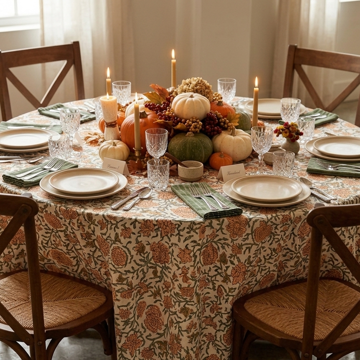 Round dining table set with an orange and green floral block print tablecloth and autumn centerpiece for a cosy thanksgiving dinner