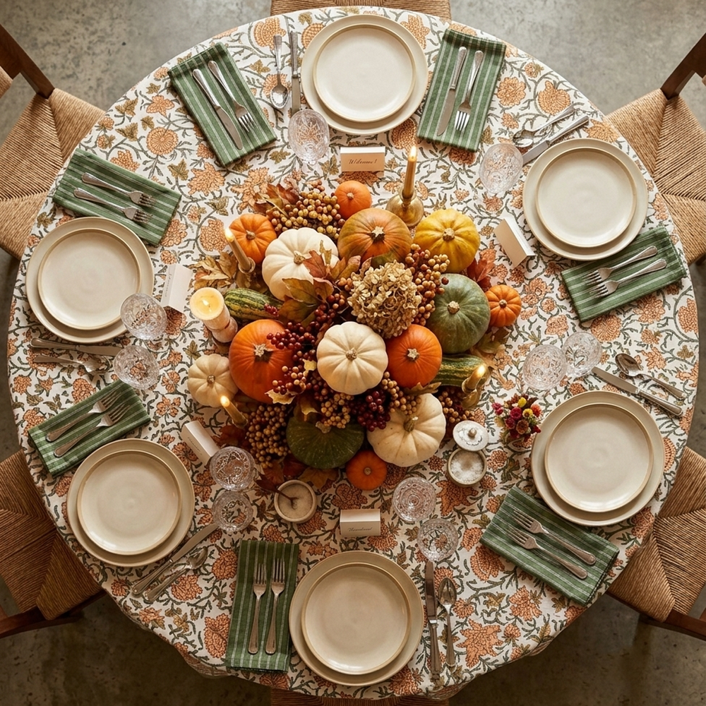 Overhead top-down shot of a round table setting featuring an orange floral tablecloth and green napkins set for thanksgiving gathering