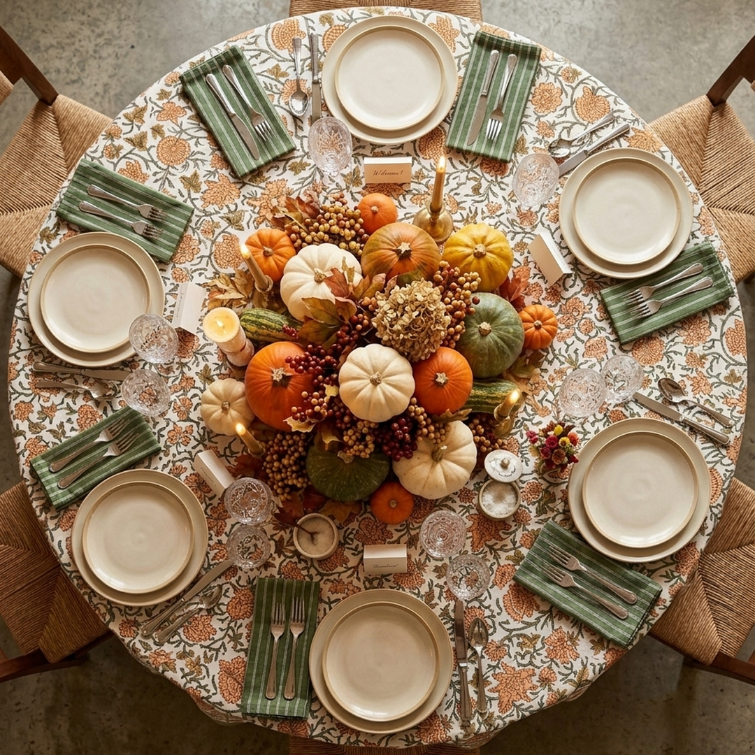 Overhead top-down shot of a round table setting featuring an orange floral tablecloth and green napkins set for thanksgiving gathering