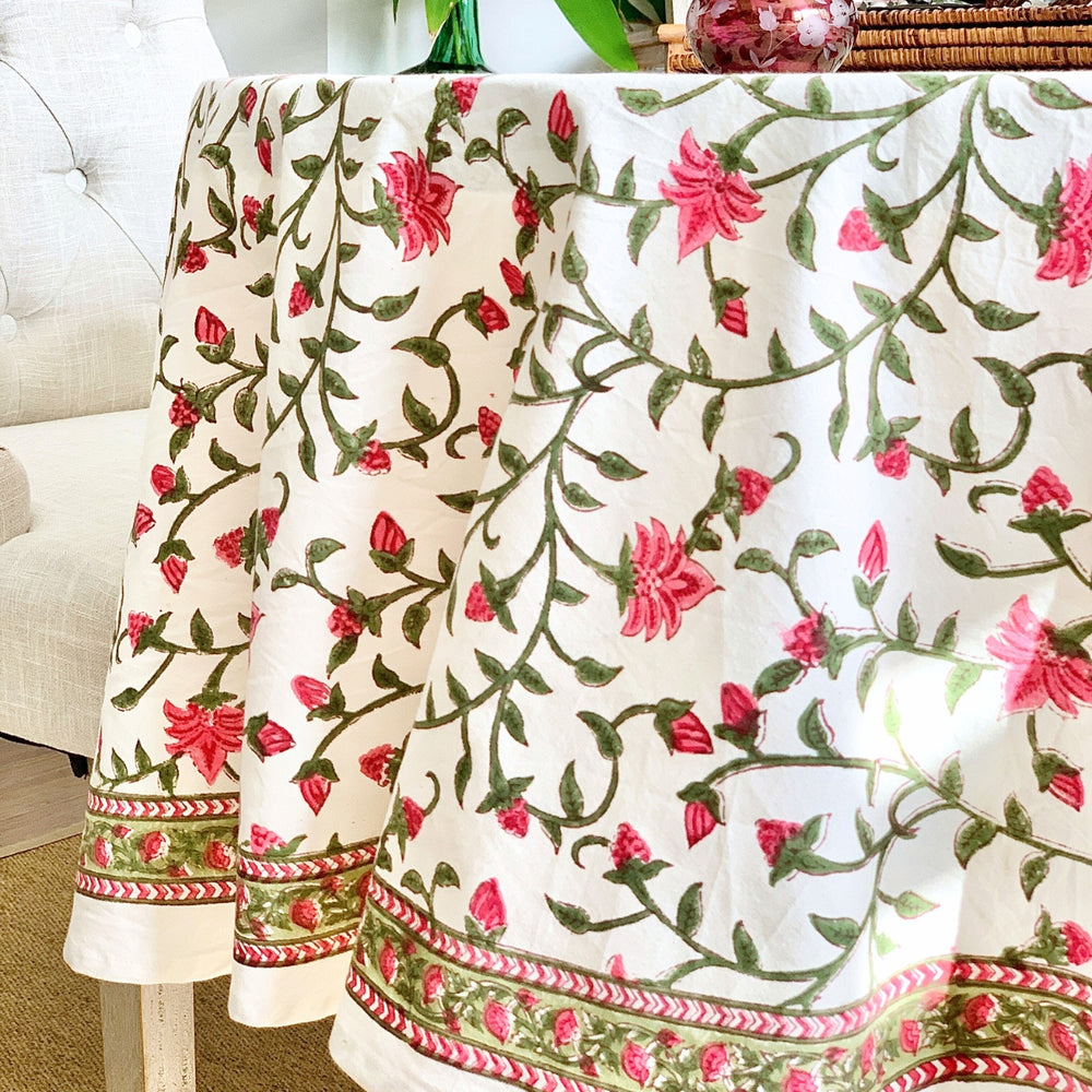 Pink Ivy block printed border round tablecloth