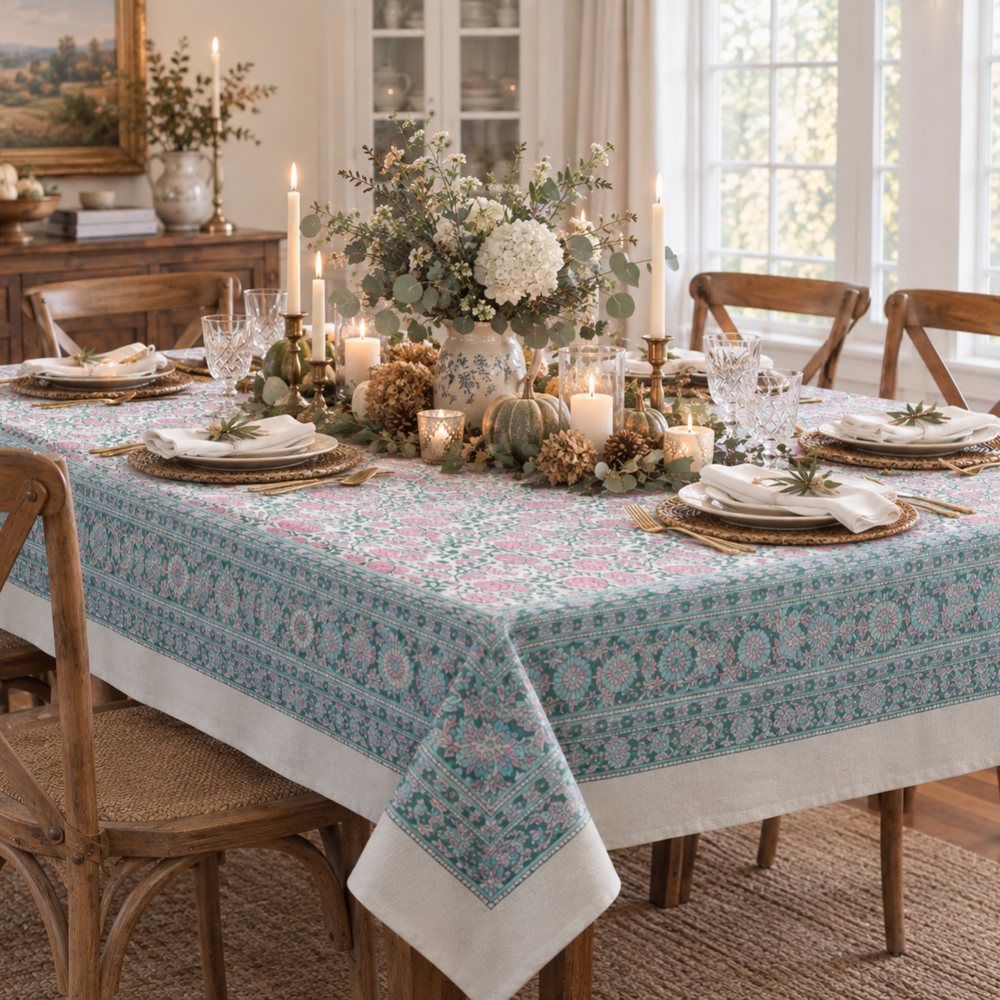 Pink blue block printed cotton tablecloth set for a cozy Thanksgiving family dinner decorated with florals, pumpkins, candles and seasonal foilage.