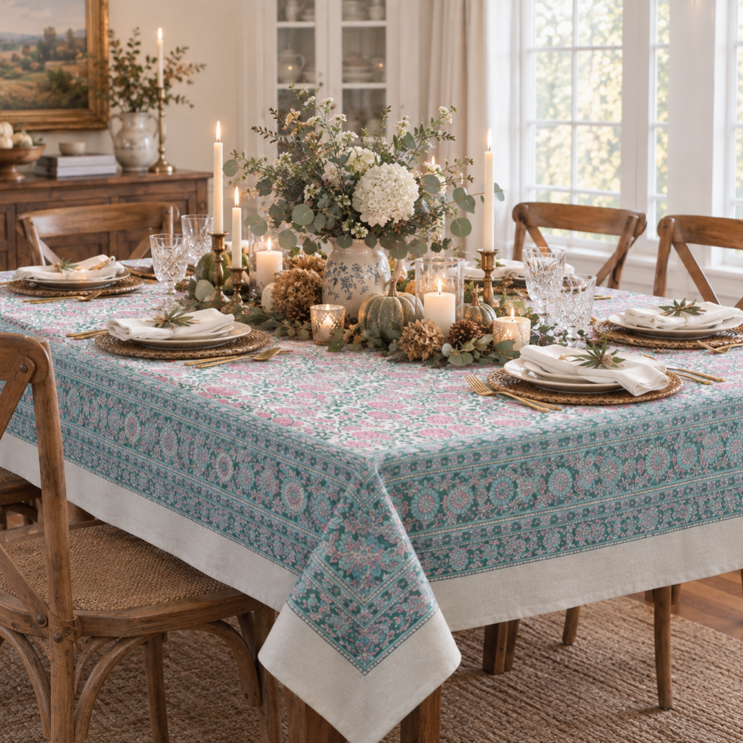 Pink blue block printed cotton tablecloth set for a cozy Thanksgiving family dinner decorated with florals, pumpkins, candles and seasonal foilage.