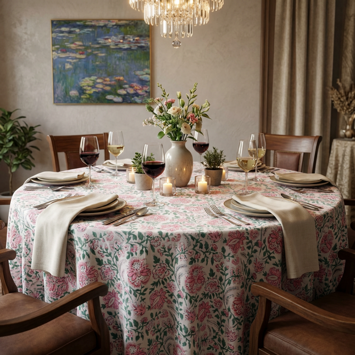 Pink Green floral hand block printed tablecloth on a wooden round table with casual place setting and chandelier lighting