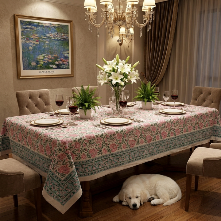 Pink Green floral cotton tablecloth draped over a long rectangular table decorated with floral vases and intricate blue green border for a casual dinner