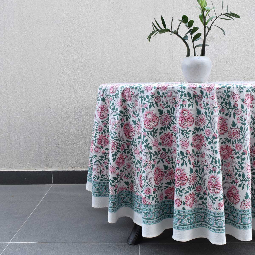 Pink green pattern block printed on round table cover made of premium cotton for casual dining