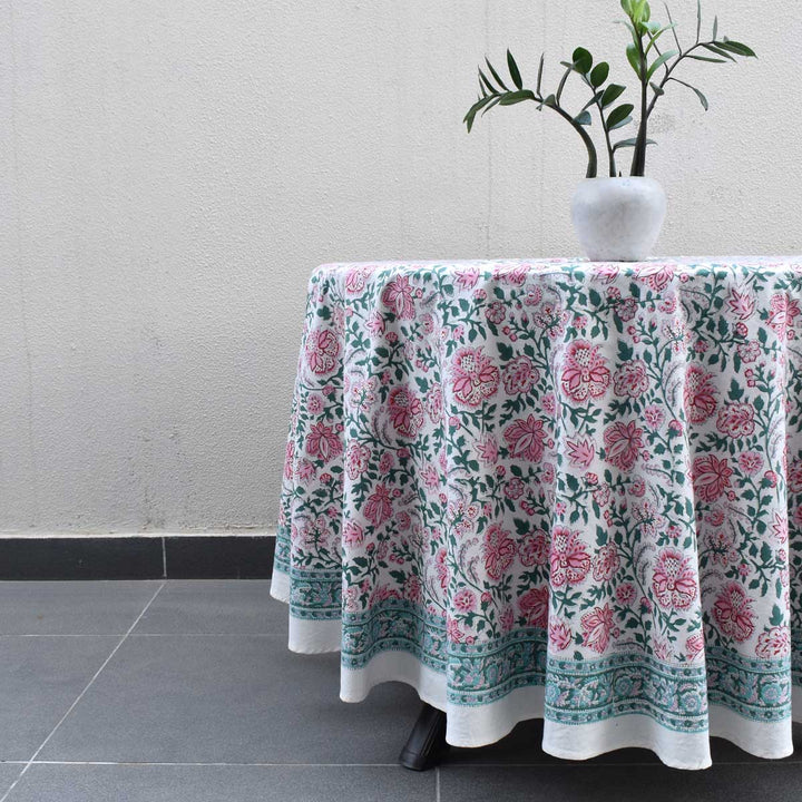 Pink green pattern block printed on round table cover made of premium cotton for casual dining