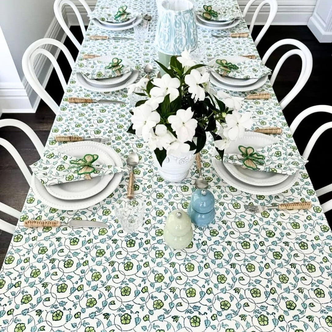 Blue and Green hand block printed tablecloth set on a large rectangle table for Christmas gathering