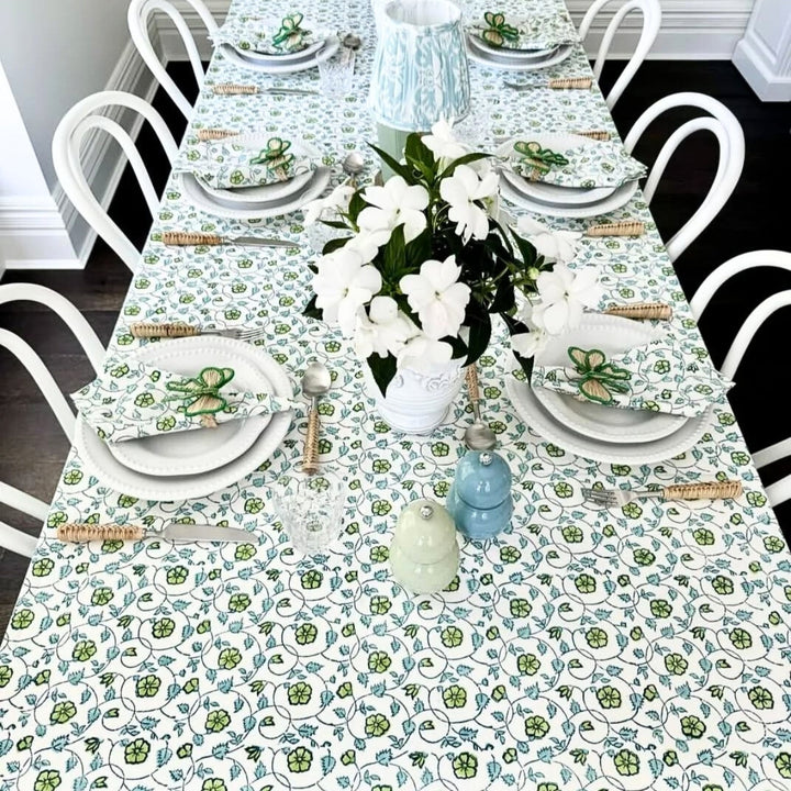 Blue and Green hand block printed tablecloth set on a large rectangle table for Christmas gathering
